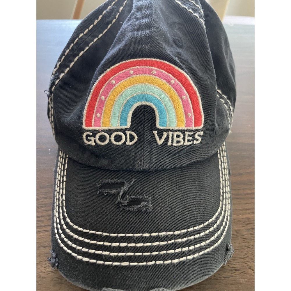 Good Vibes Baseball Cap Charcoal Gray Pre Distressed Hat Women's Rainbow Cap